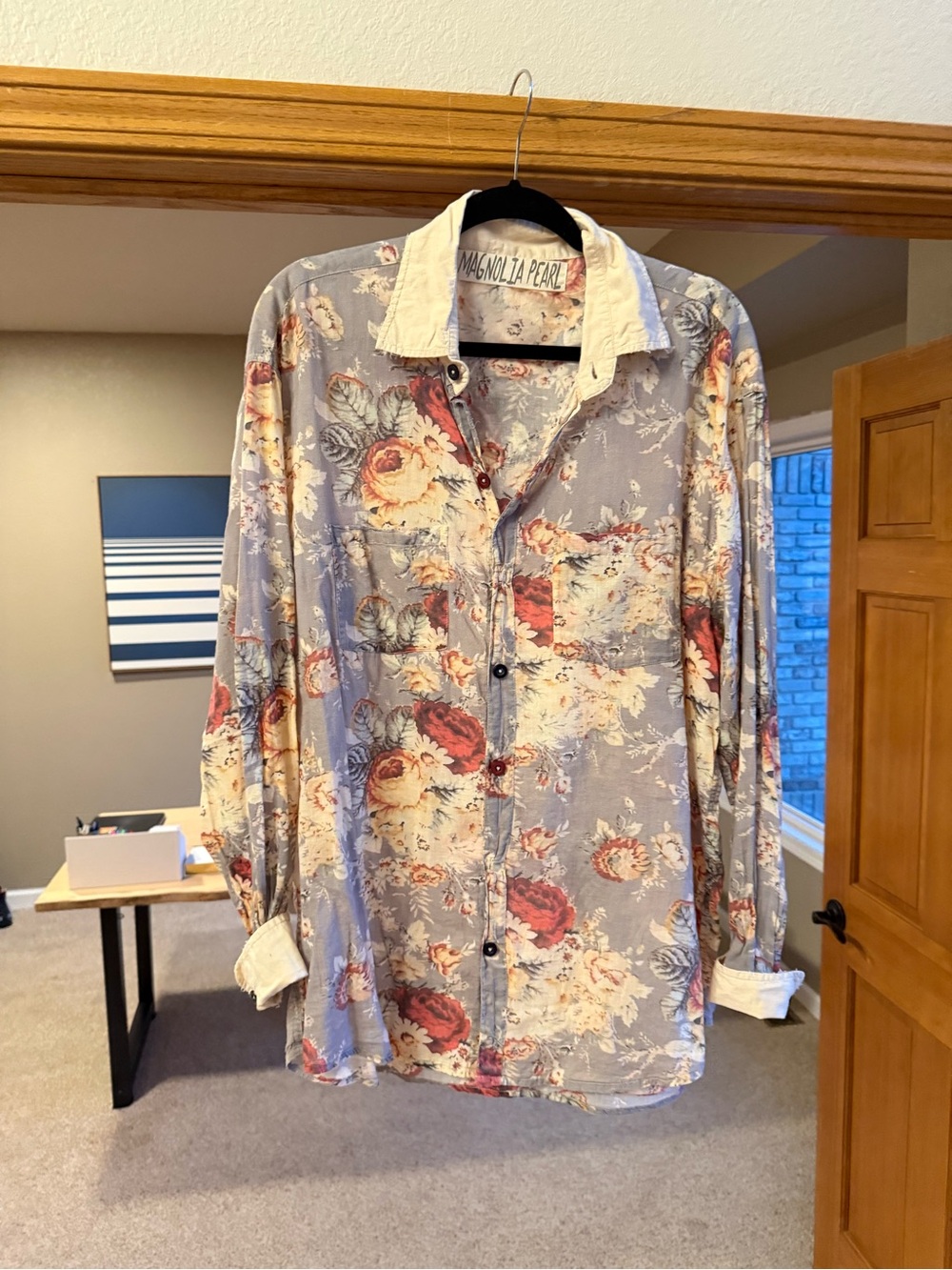 Magnolia Pearl gray/light purple button up blouse with flowers